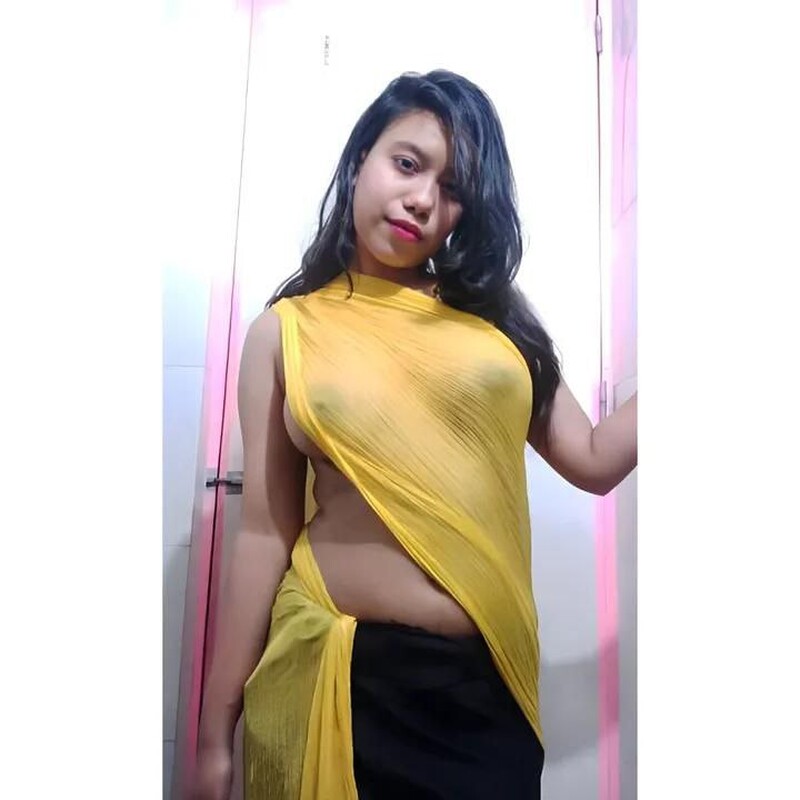 Girlfriend in transparent saree showing firm boobs 8